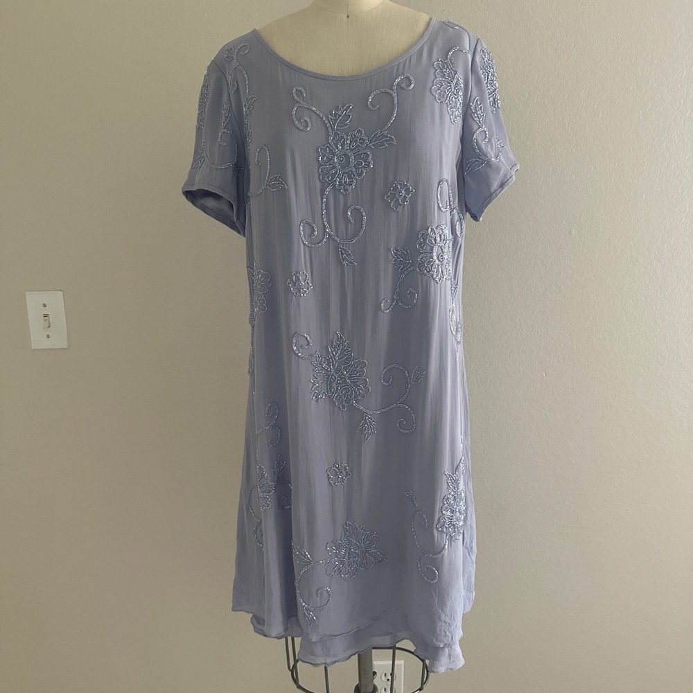 Liz Claiborne Night Dress 12 Beaded Floral Rayon Shift Vintage Y2K